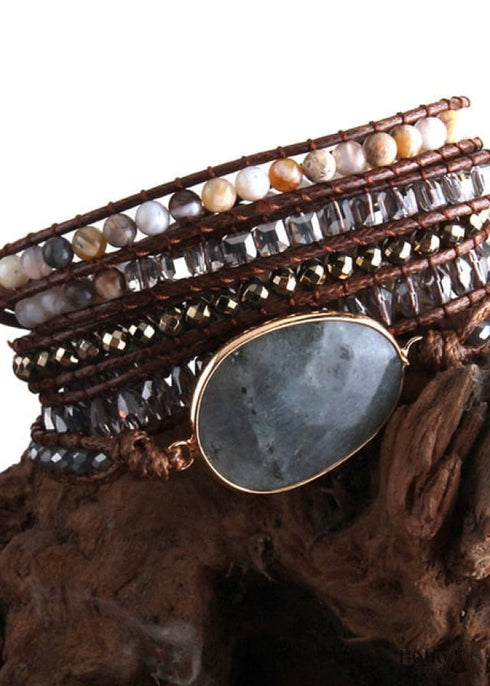 Boho Bracelet, RH 5 Layers Leather Wrap Bracelet, Crystal and Natural Stones